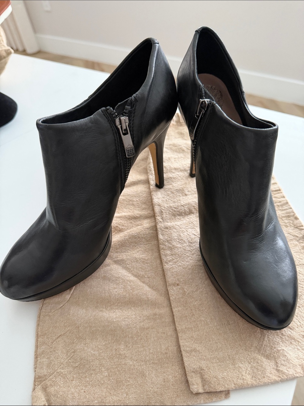 Vince Camuto Black Leather Zip Ankle Booties